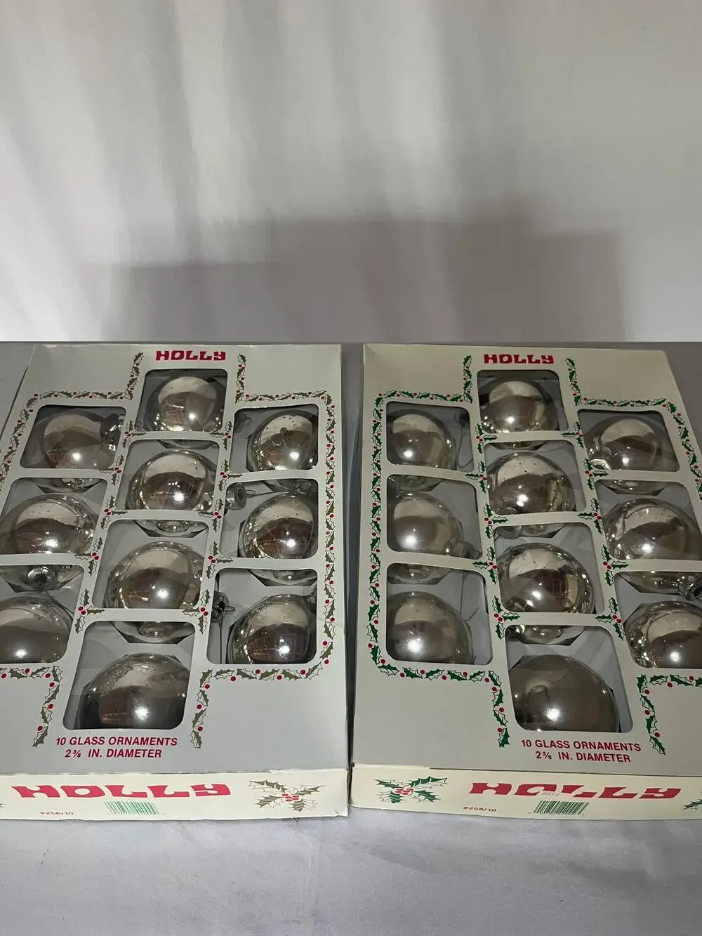 Vintage Holly Glass Christmas Ornaments 2 Boxes of 10 Large 2 5/8 in USA